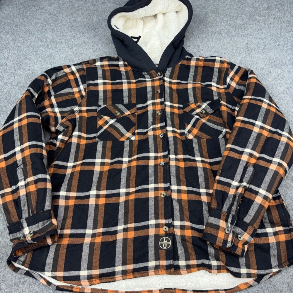 Lincoln Outfitters Flannel Hoodie Mens 3XLR Orange Black Plaid Sherpa Lined Coat